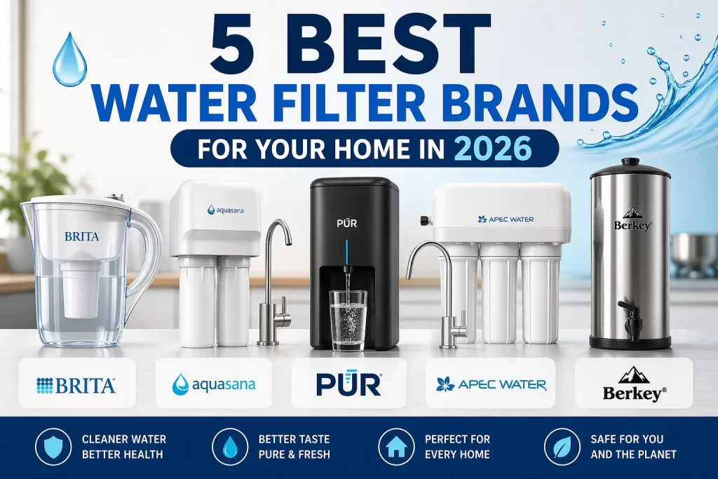 Top 5 water filter brands for home use in 2026 including Brita, Aquasana, PUR, APEC, and Berkey systems displayed on kitchen counter