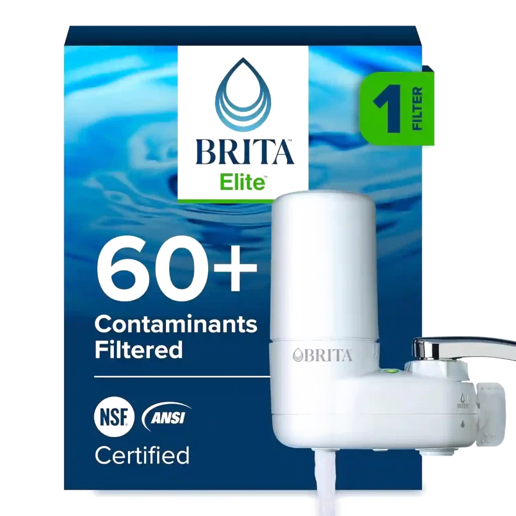 Brita white faucet mount water filter system for tap water filtration.