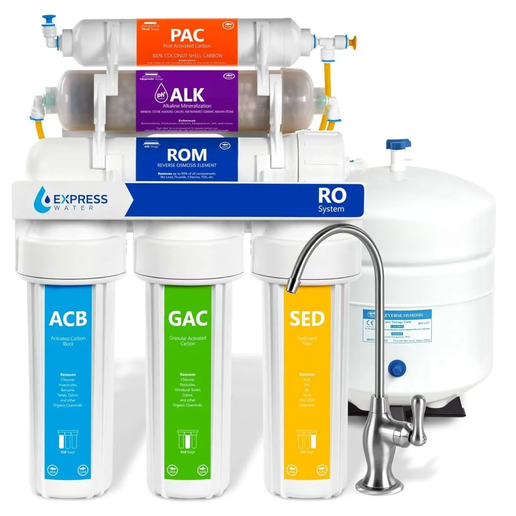 Express Water reverse osmosis alkaline water filtration system review showing multi-stage under-sink filter for clean, mineral-enhanced drinking water