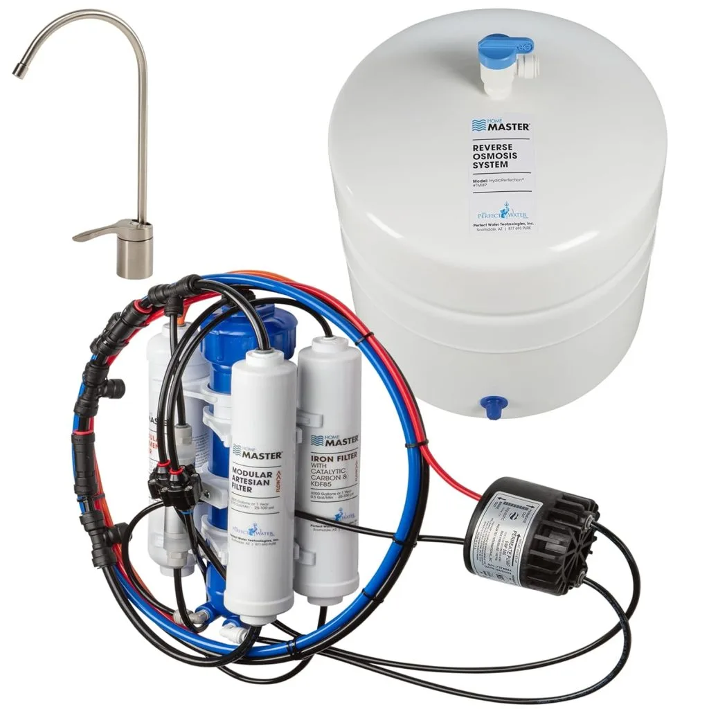 Home Master TMHP HydroPerfection reverse osmosis system with UV sterilization and permeate pump for well water.