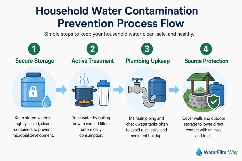 Infographic titled 'Household Water Contamination Prevention Process Flow' showing 4 steps: 1) Secure Storage – keep water in sealed containers; 2) Active Treatment – boil or filter water before drinking; 3) Plumbing Upkeep – maintain pipes and check tanks; 4) Source Protection – cover wells and outdoor storage. By WaterFilterWay.