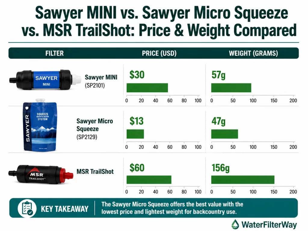 Sawyer MINI vs Sawyer Micro Squeeze vs MSR TrailShot comparison chart showing price and weight differences for portable water filters.