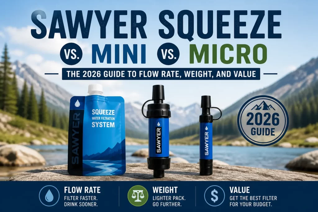 Sawyer Squeeze vs Mini vs Micro water filters comparison showing flow rate, weight, and value in 2026 guide