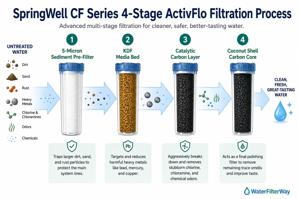 SpringWell CF Series 4-stage ActivFlo filtration process diagram showing sediment pre-filter, KDF media, catalytic carbon, and coconut shell carbon working together to remove sediment, heavy metals, chlorine, chloramines, odors, and improve water taste.
