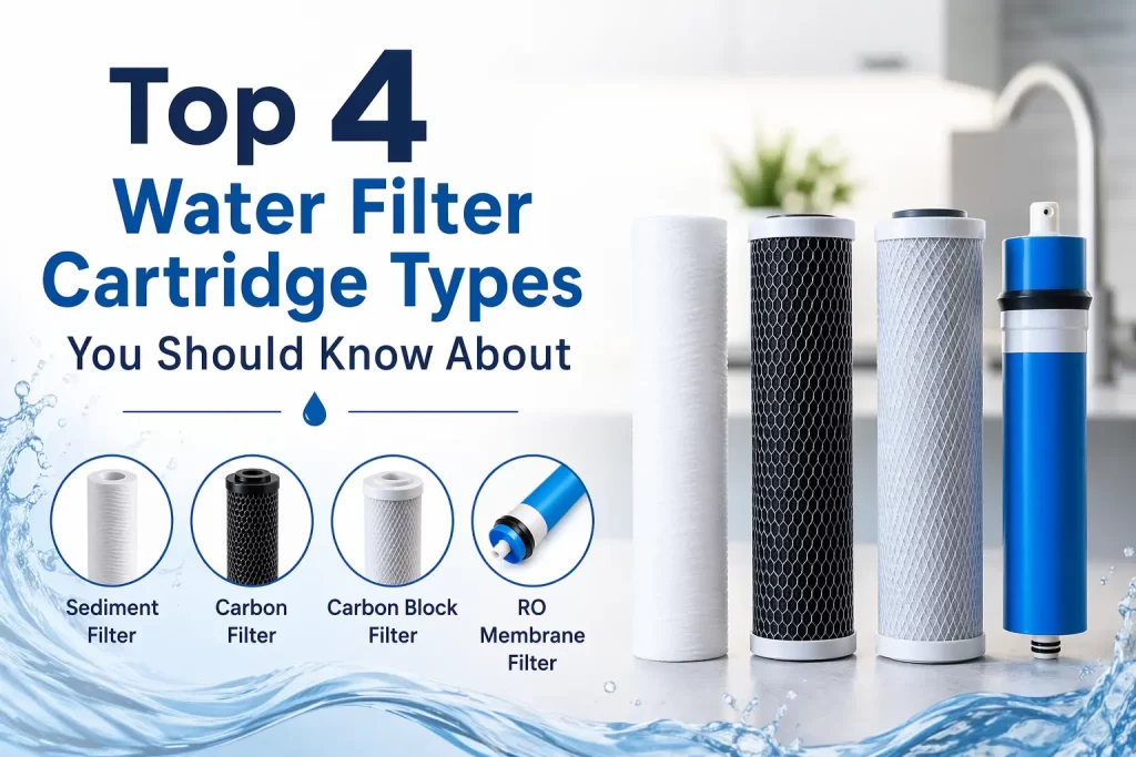 Top 4 water filter cartridge types including sediment, carbon, carbon block, and RO membrane filters displayed in a modern kitchen setting