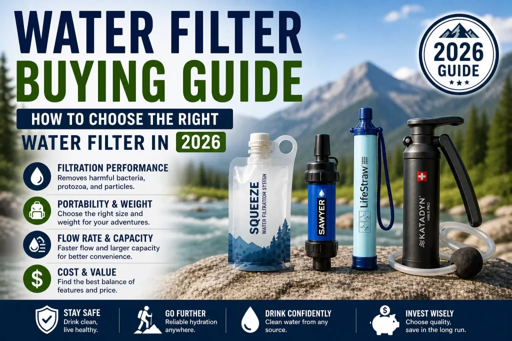 Water filter buying guide 2026 showing how to choose the right water filter based on filtration, portability, flow rate, and value