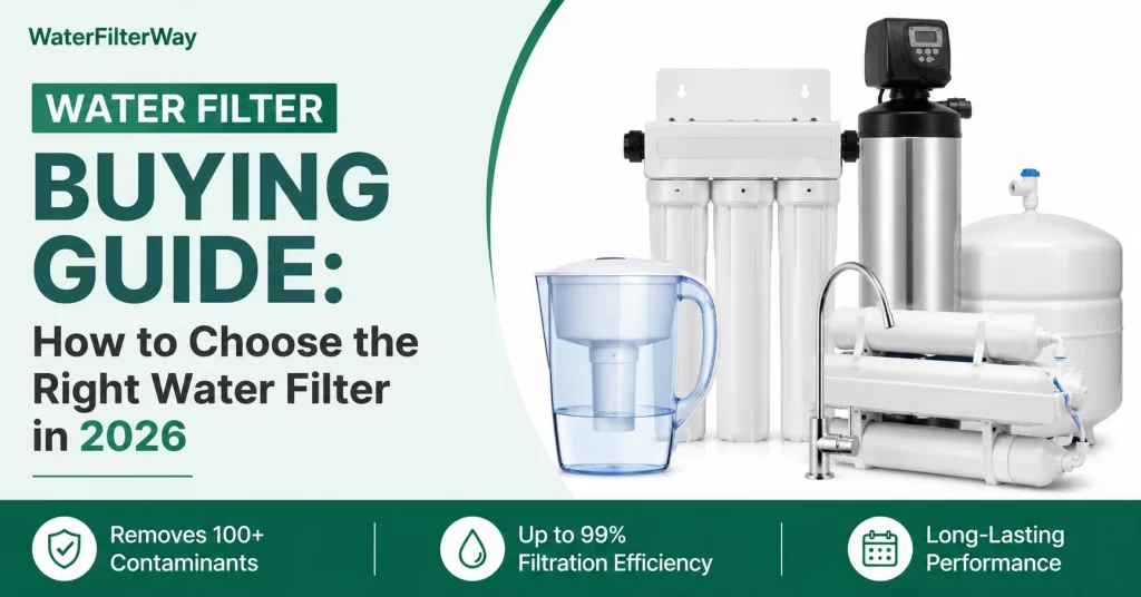 Feature image showing different types of water filters, including whole-house, reverse osmosis, and pitcher systems, for a 2026 water filter buying guide.