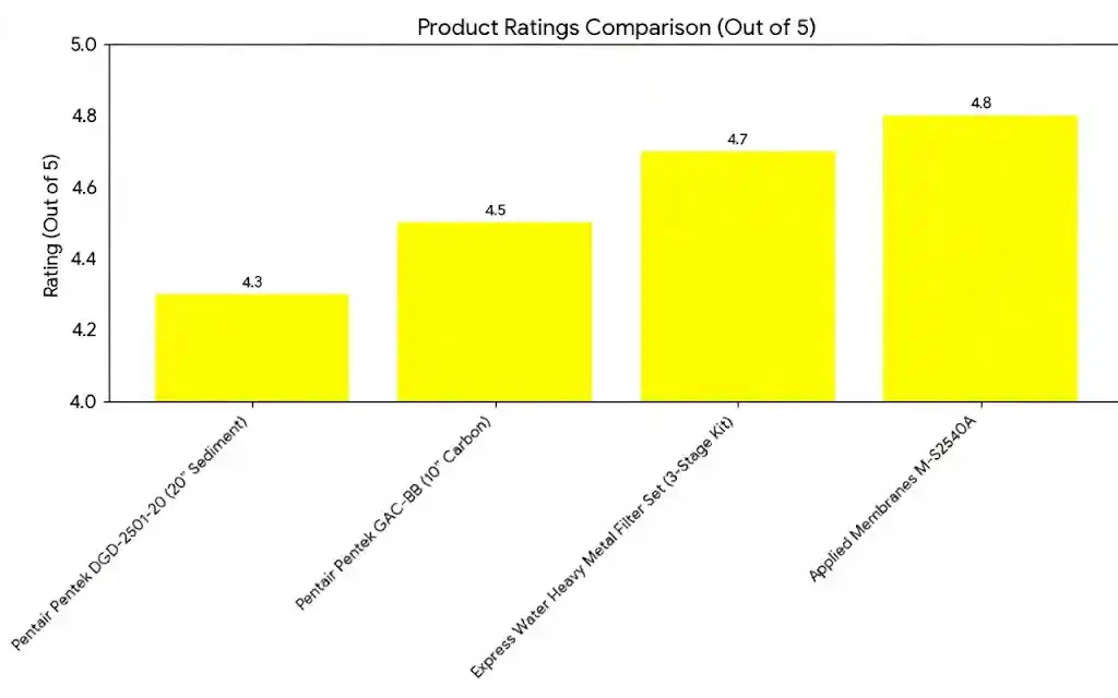 Bar chart comparing ratings of water filter products including Pentair sediment, carbon filter, Express Water heavy metal system, and Applied Membranes filter showing scores from 4.3 to 4.8 out of 5