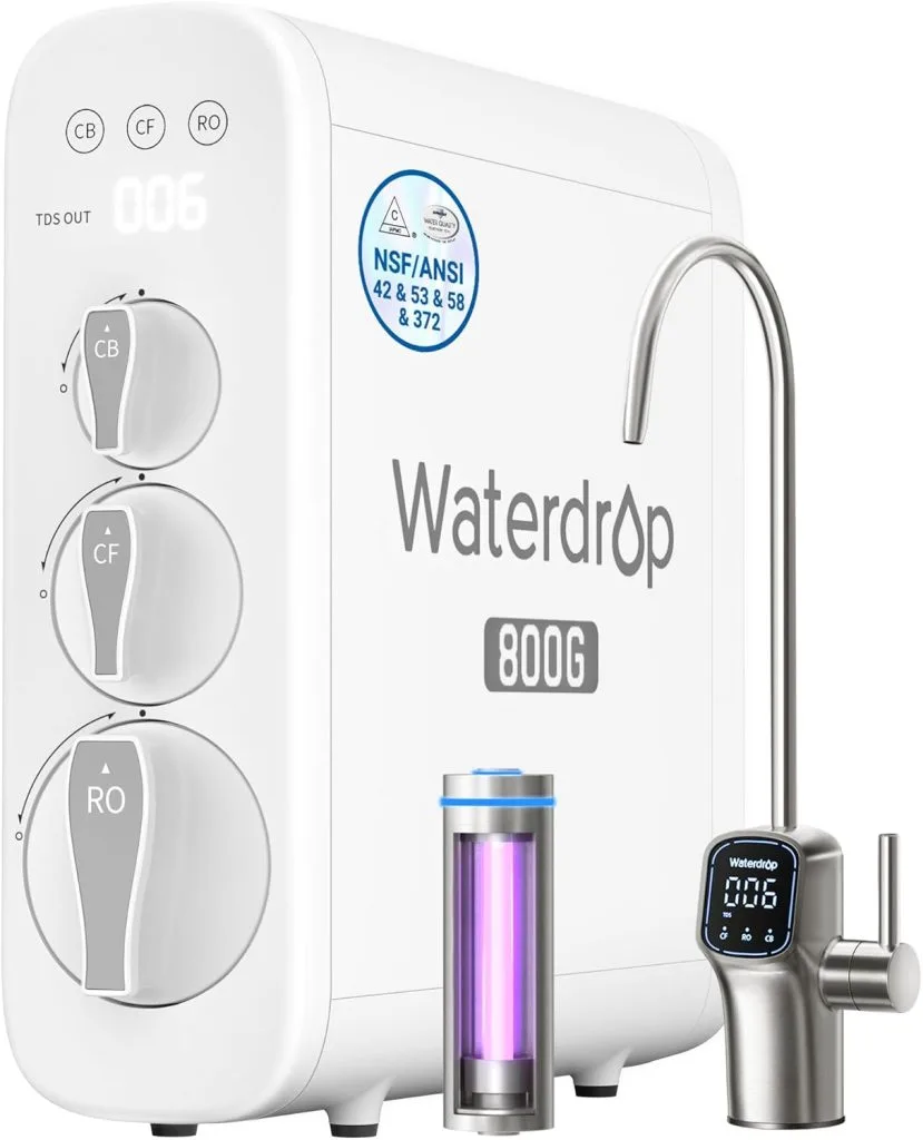 Waterdrop G3P800 tankless reverse osmosis system installed under a kitchen sink for purified drinking water.