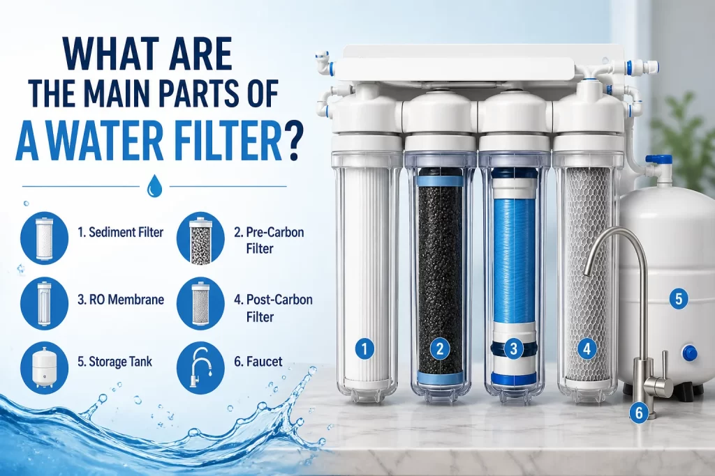Main parts of a water filter system including sediment filter carbon filter RO membrane and storage tank