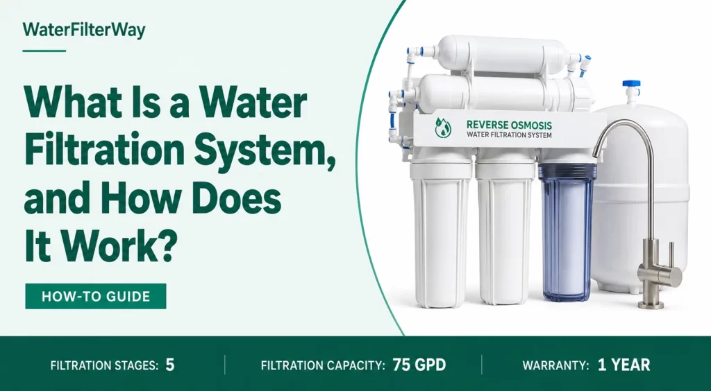 Step-by-step diagram showing how a water filtration system works, including sediment filter, carbon filter, RO membrane, storage tank, and clean drinking water output.