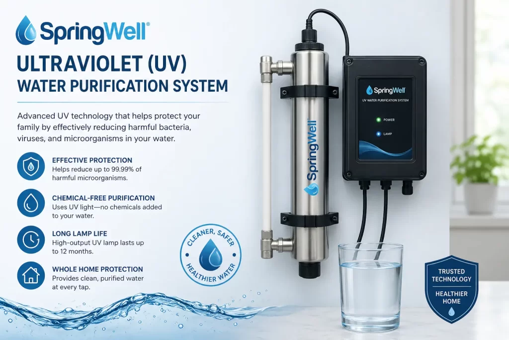 SpringWell UV water purification system with stainless steel chamber, control panel, and clean drinking water glass.