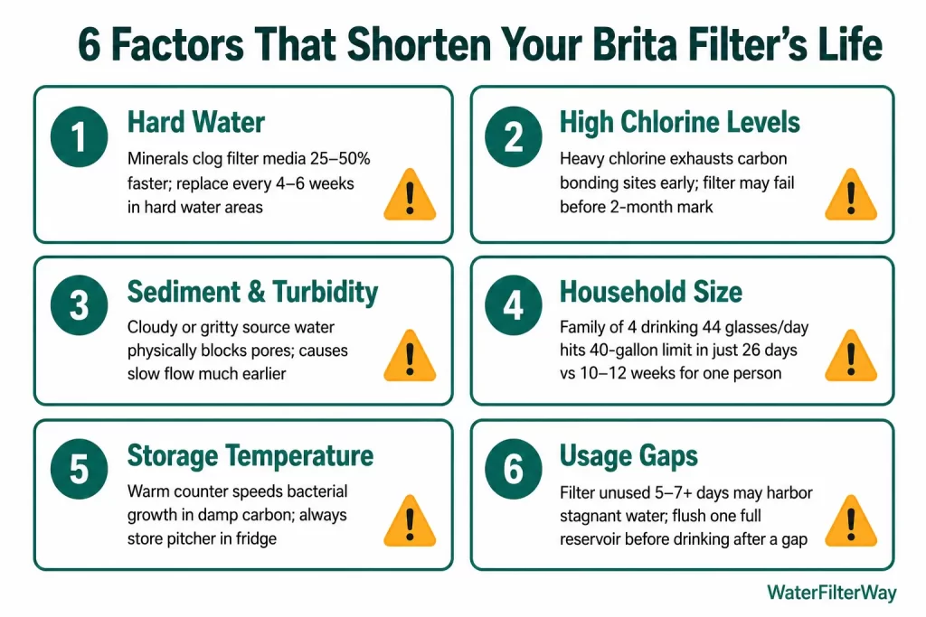 infographic showing the 6 Factors That Affect How Long Your Brita Filter Last