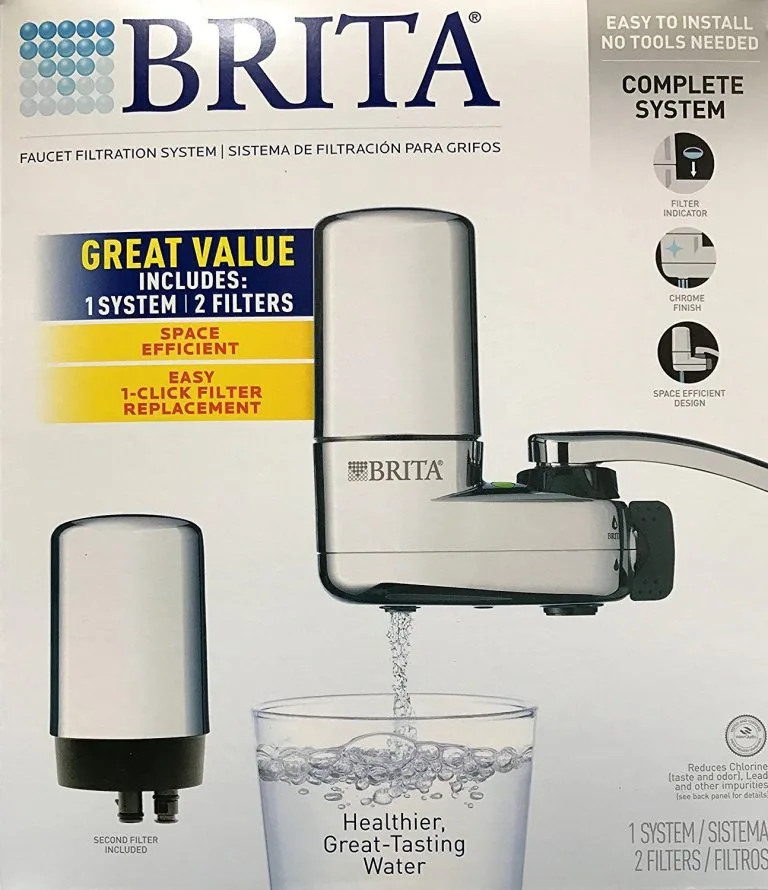 Brita On Tap Faucet Water Filter System attached to kitchen sink faucet for reducing chlorine taste and odor from tap water