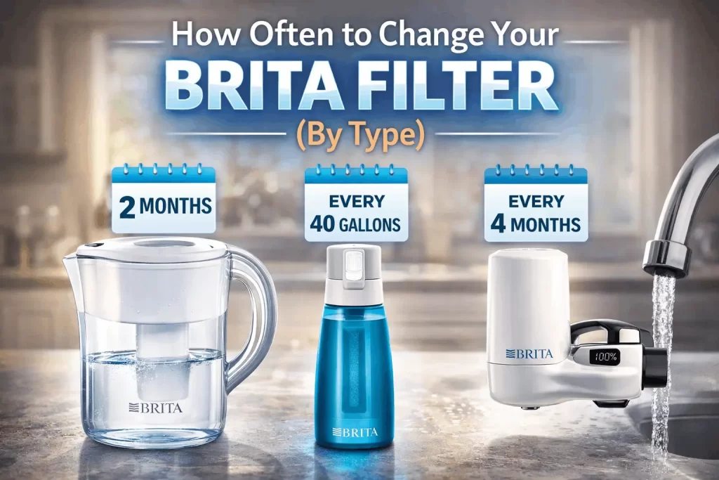 Brita filter replacement schedule by filter type showing gallons and estimated months