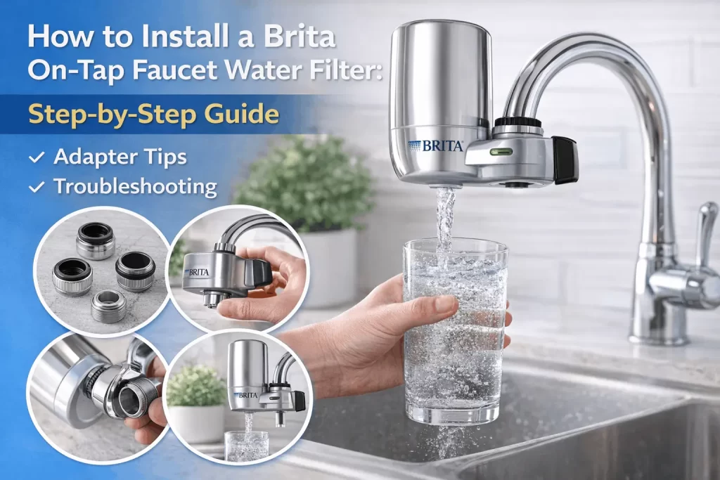 Step-by-step visual guide on how to install a Brita on tap faucet filter showing adapter placement and cartridge fitting on a kitchen faucet