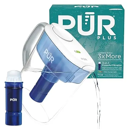 PUR PLUS 11-Cup Water Filter Pitcher with large filtered water reservoir, designed to reduce chlorine taste and odor while providing clean drinking water for families.