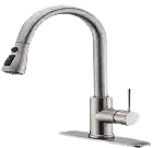 Modern pull-out kitchen faucet with flexible spray head and stainless steel finish installed on a kitchen sink