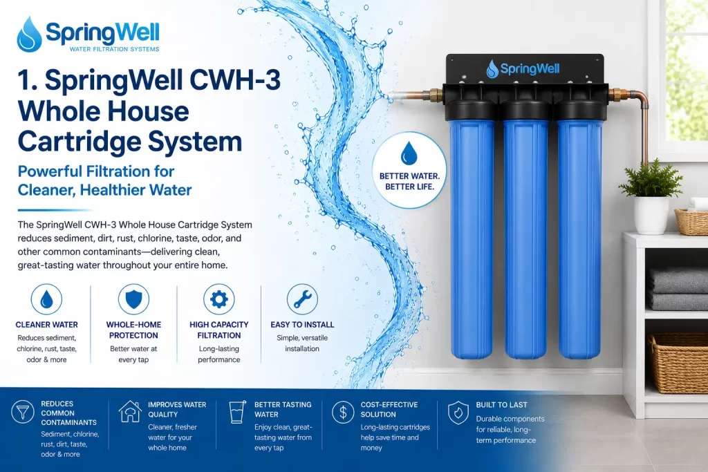 SpringWell CWH-3 whole house cartridge filtration system with triple blue filter housings installed in a modern utility room for sediment, chlorine, rust, and contaminant reduction throughout the home.