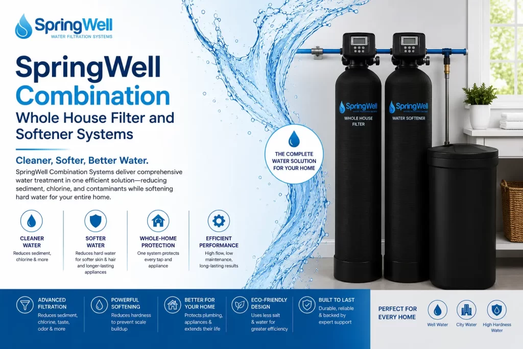 SpringWell combination whole house water filter and softener system with dual tanks and brine tank installed in a modern home for complete filtration and hard water treatment.