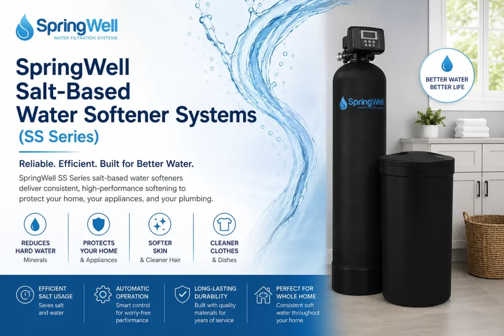 SpringWell SS Series salt-based water softener system installed in a modern home utility room with digital control valve and brine tank for whole-house hard water treatment.