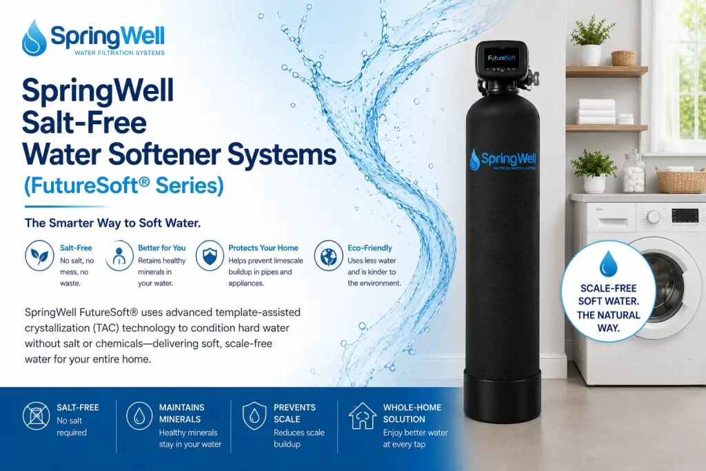 SpringWell FutureSoft salt-free water softener system with TAC technology installed in a modern laundry room for whole-house scale prevention and eco-friendly water conditioning.