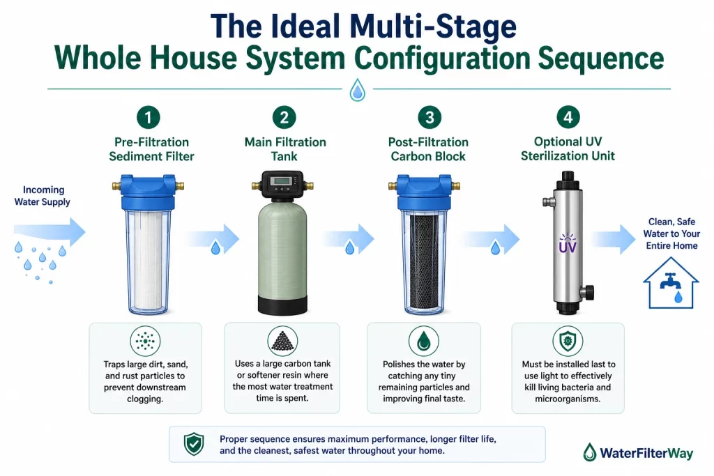 Educational diagram showing the ideal multi-stage whole house water filtration system configuration sequence, including a pre-filtration sediment filter, main filtration tank, post-filtration carbon block, and optional UV sterilization unit.