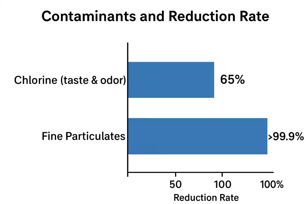 Water contaminants and reduction rate chart showing filtration performance