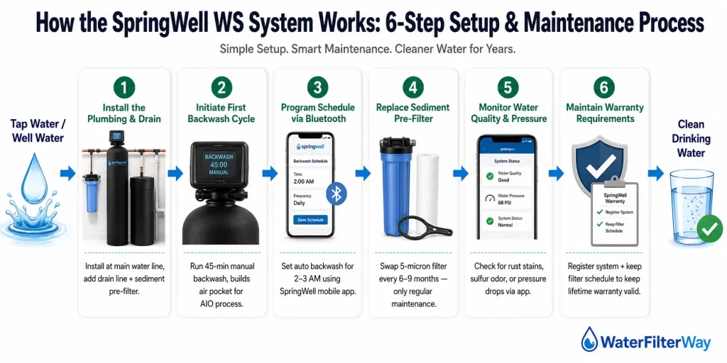 SpringWell WS setup infographic showing 6 steps from installation and backwash to filter replacement, monitoring, and warranty maintenance.