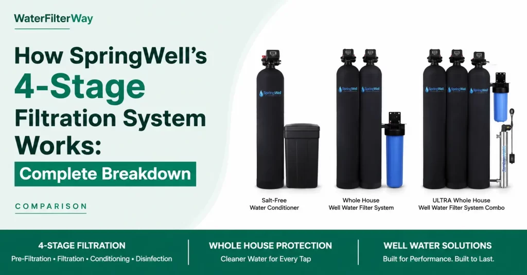 Diagram showing SpringWell 4-stage whole house water filtration process including sediment filter, KDF media, and catalytic carbon.
