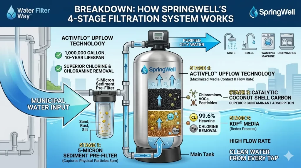 Diagram showing SpringWell 4-stage whole house water filtration process including sediment filter, KDF media, and catalytic carbon.