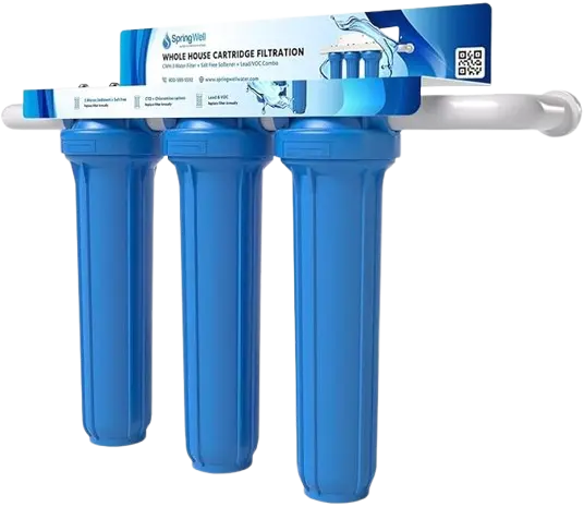 SpringWell CF Series Whole House City Water Filter System with dual blue filter housings for city water chlorine and chemical removal