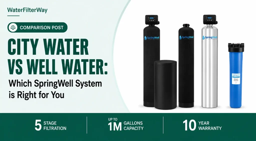 Split image comparing city water and well water with SpringWell filtration systems, showing urban faucet on one side and rural well on the other