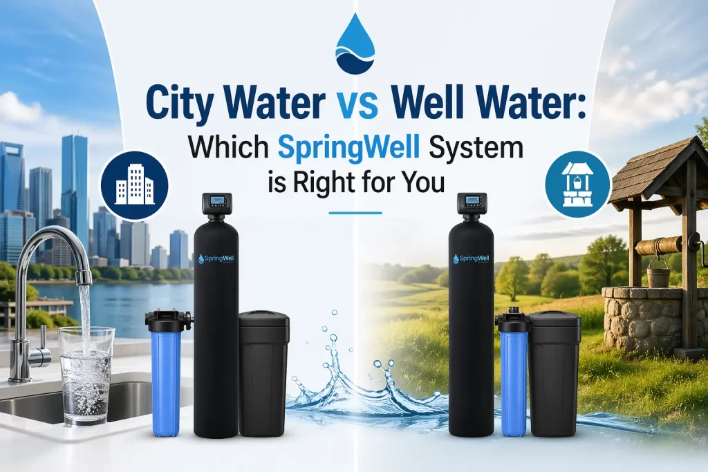 Split image comparing city water and well water with SpringWell filtration systems, showing urban faucet on one side and rural well on the other