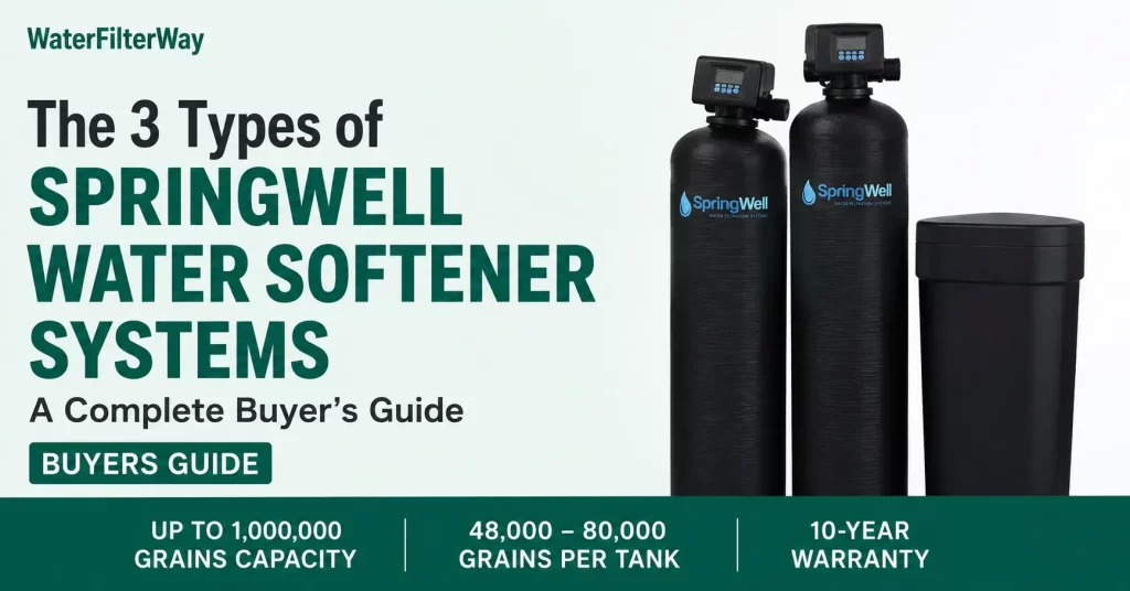 SpringWell water softener systems types guide showing salt-based, salt-free, and dual tank options