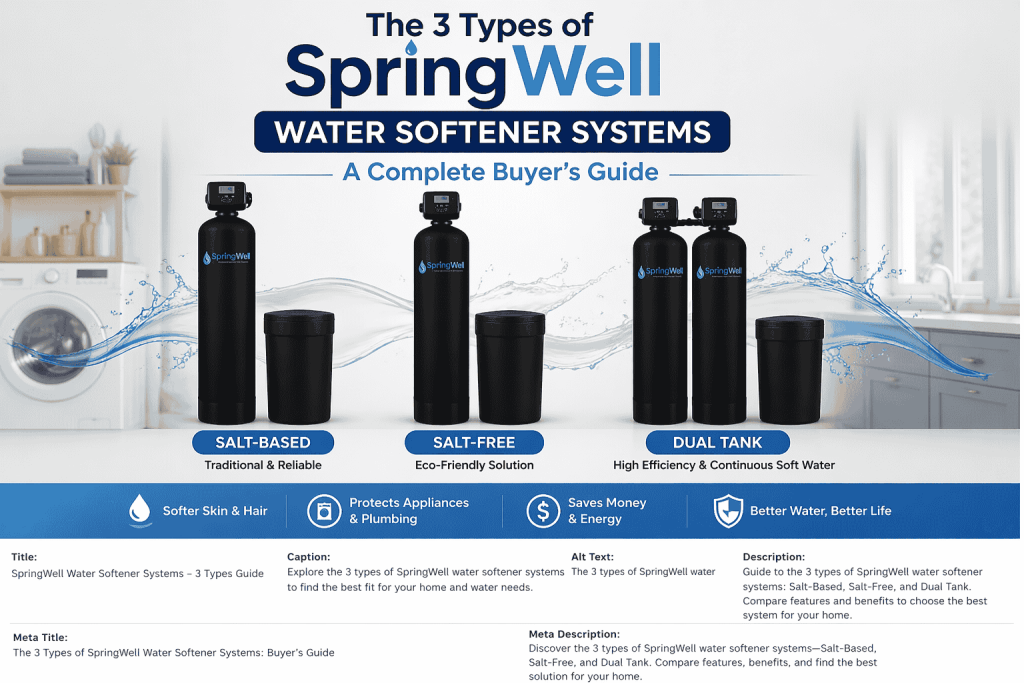 SpringWell water softener systems types guide showing salt-based, salt-free, and dual tank options