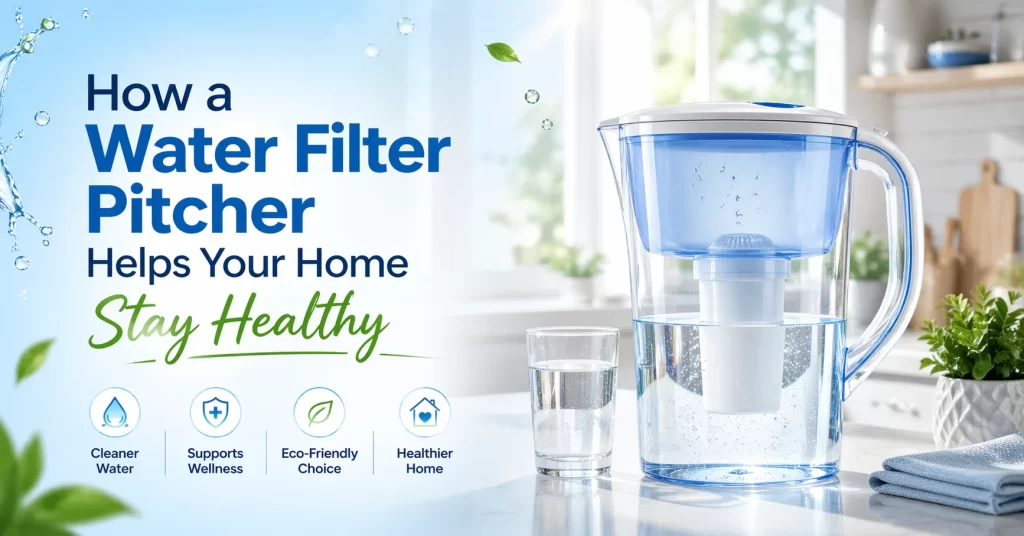 Water filter pitcher with clean drinking water in a bright kitchen for a healthier home