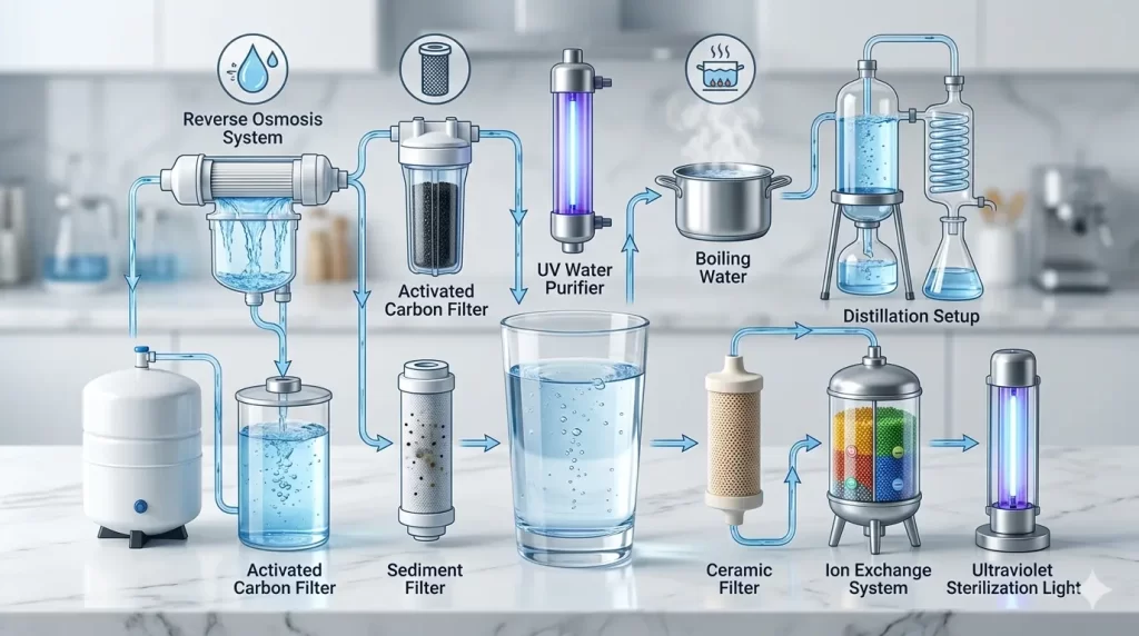 A professional 3D infographic showing nine water purification methods including Reverse Osmosis, UV sterilization, and distillation, arranged around a central glass of clear water on a modern kitchen counter.