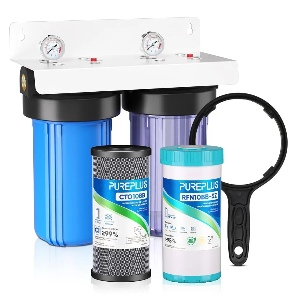 PUREPLUS 2-Stage Whole House Water Filtration System PP-WFM10BBT2A-RSZ-CTOL for reducing sediment, chlorine, rust, and bad odors from household water