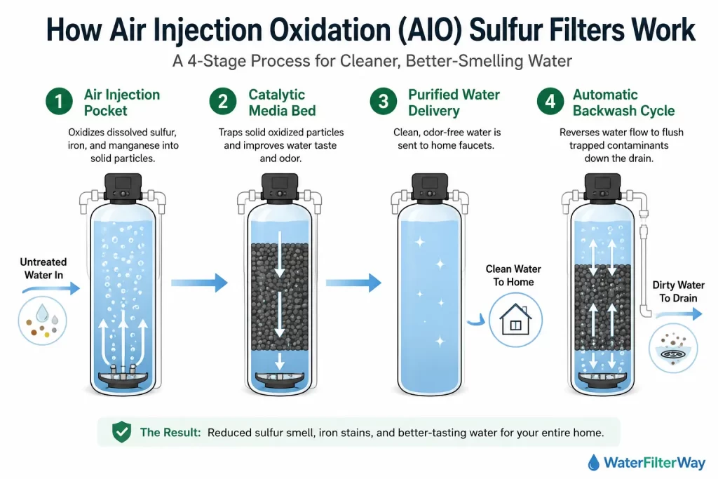 How air injection oxidation(AIO) Sulfur    filters work visual representation 