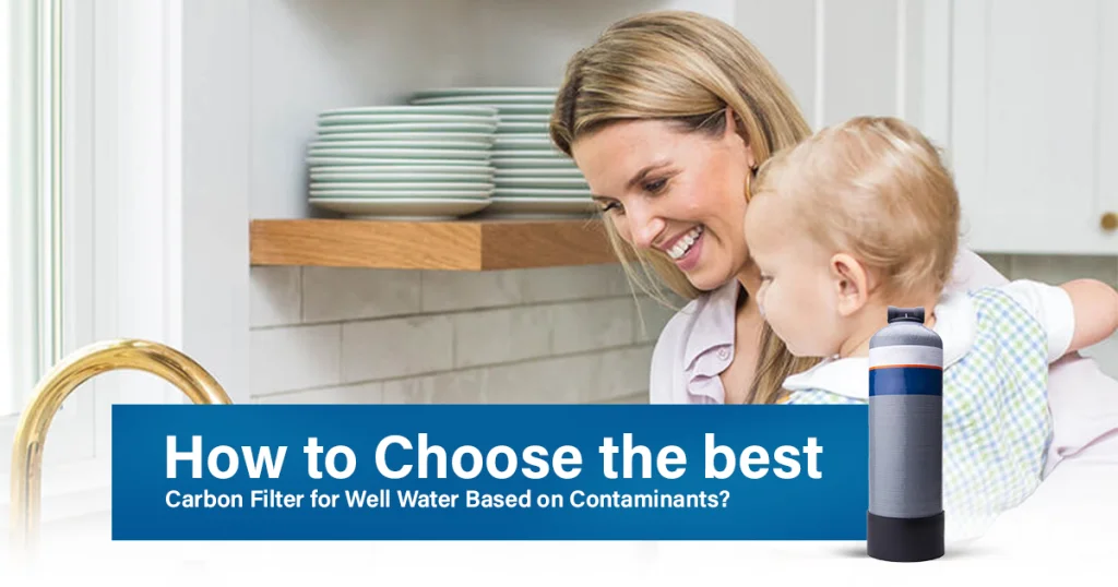 How to Choose the Best Carbon Filter for Well Water Based on Contaminants image showing a woman, child, kitchen sink, and whole-house carbon filter system.