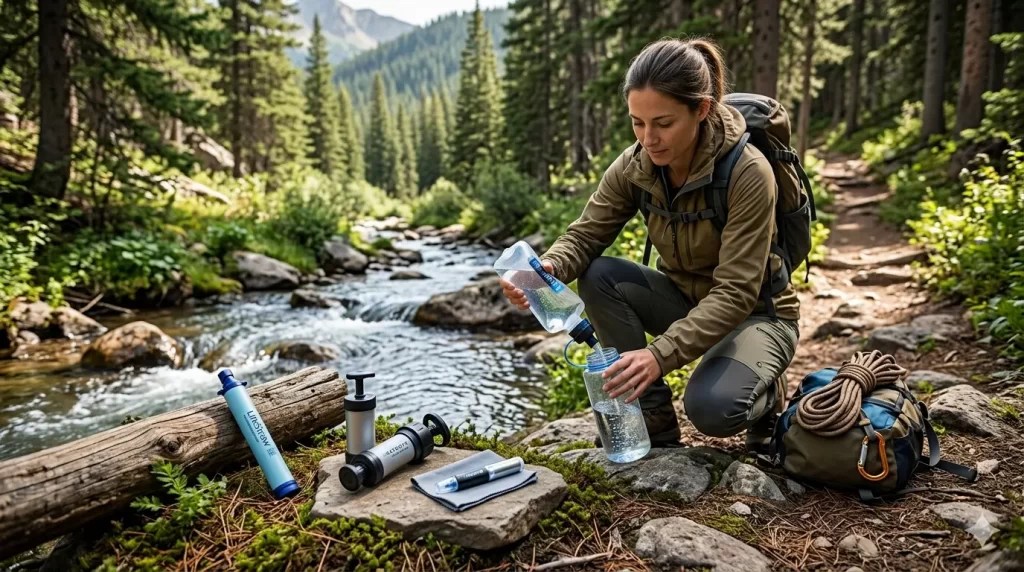 A high-resolution photo of a female hiker kneeling by a mountain stream, using a squeeze water filter to fill a reusable bottle. Various portable purification tools, including a straw filter and a hand pump, are laid out on a rock nearby in a lush forest setting.
