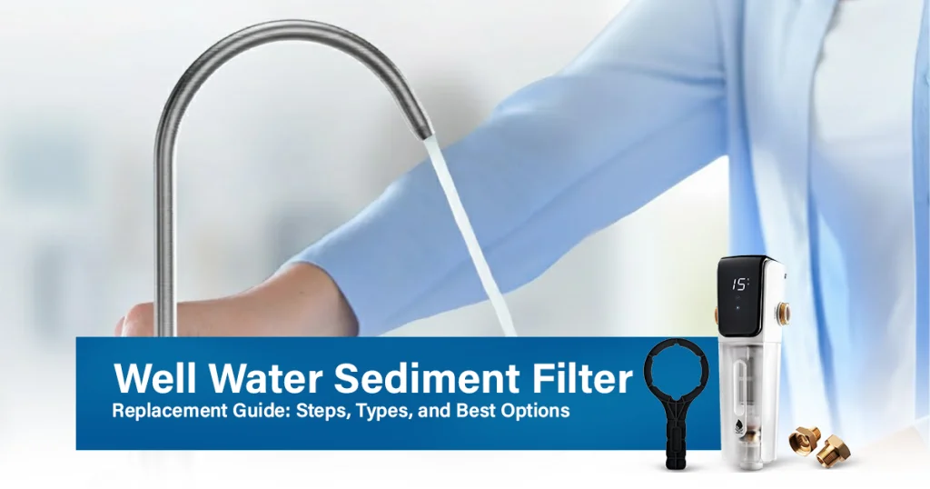 Infographic-style image of a well water sediment filter housing with a dirty cartridge, replacement filter cartridges, tools, and labels for step-by-step replacement, filter types, and best options.