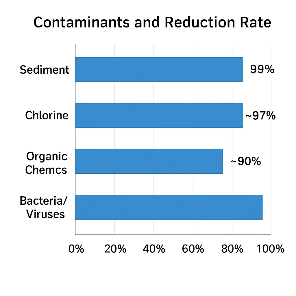 Visual chart showing Aquasana whole house well water filter contaminant reduction rates including sediment chlorine organic chemicals and microorganisms with UV purification