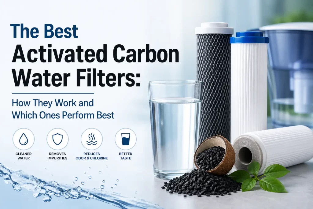 Activated carbon water filter cartridges beside a glass of clean water with charcoal granules, illustrating water purification and filtration performance.