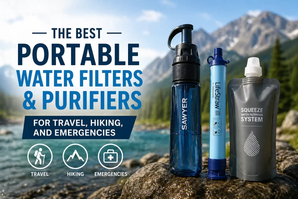 Best Portable Water Filters & Purifiers for travel, hiking, and emergencies shown beside a mountain stream with portable bottle, straw filter, and squeeze water filtration system.