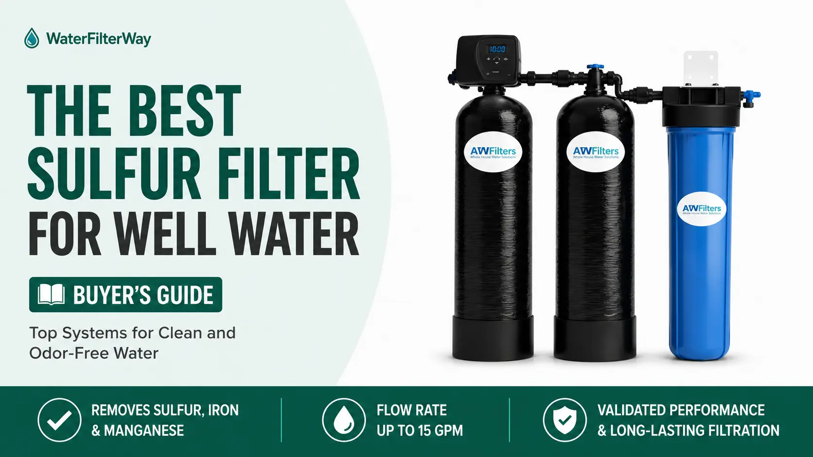 Best sulfur filter for well water featuring an AWFilters whole house filtration system that removes sulfur, iron, and manganese for clean, odor-free well water.