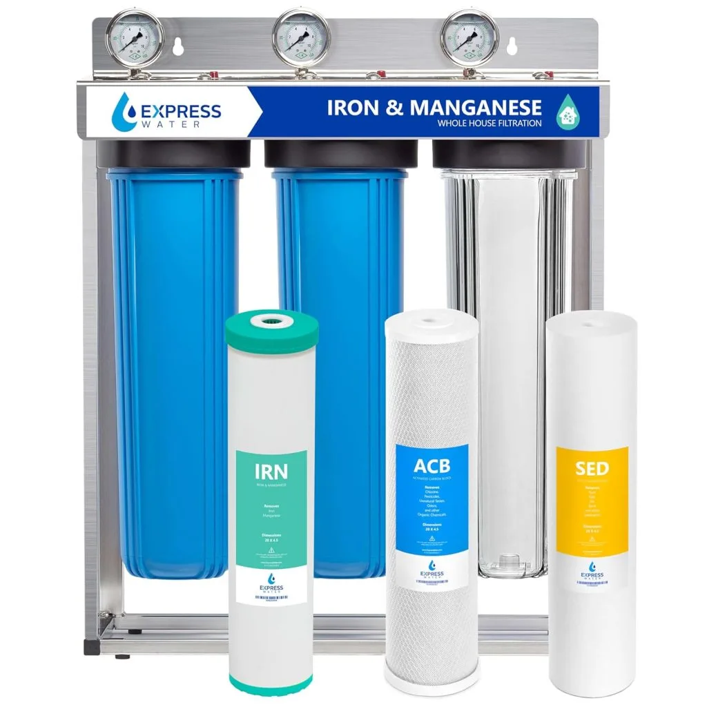 Express Water whole house filtration system for iron and manganese removal with sediment and carbon filter cartridges and pressure gauges