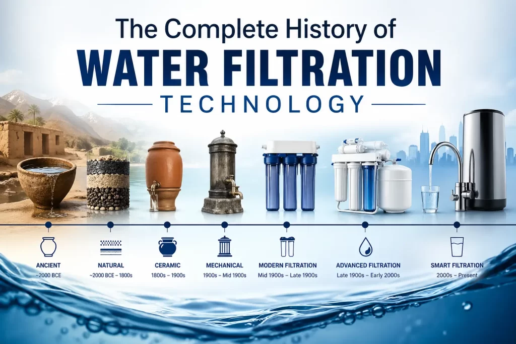 Illustrated timeline showing the History of Water Filtration Technology, from ancient clay pot filters to modern RO purification systems and smart water filtration devices.