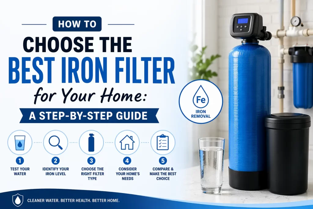Step-by-step infographic showing how to choose the best iron filter for your home including water testing, iron level identification, and filter selection process.